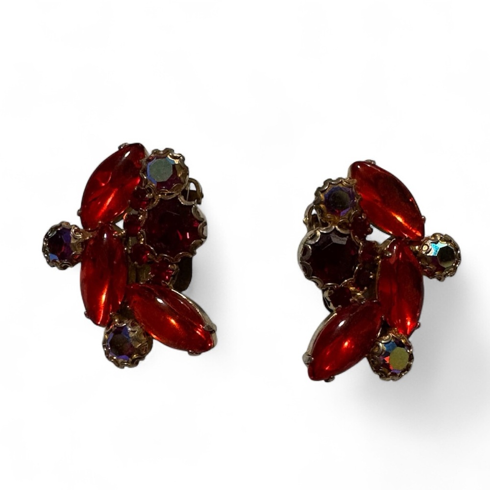 1960s Juliana D&E Red Orange Navette Rhinestone Clip-On Earrings